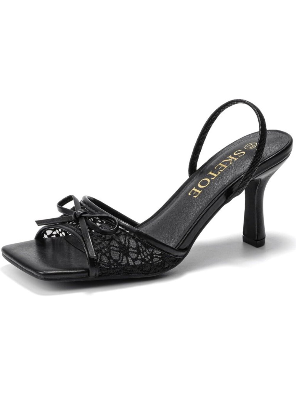 Women's Black Soft Leather Square Toe Mesh Knot Bow Kitten Heels Slip On Sandals
